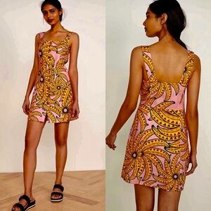 Farm Rio + Alberto Pitta Banana Pink Tropical Linen Dress Sundress Small S EUC
